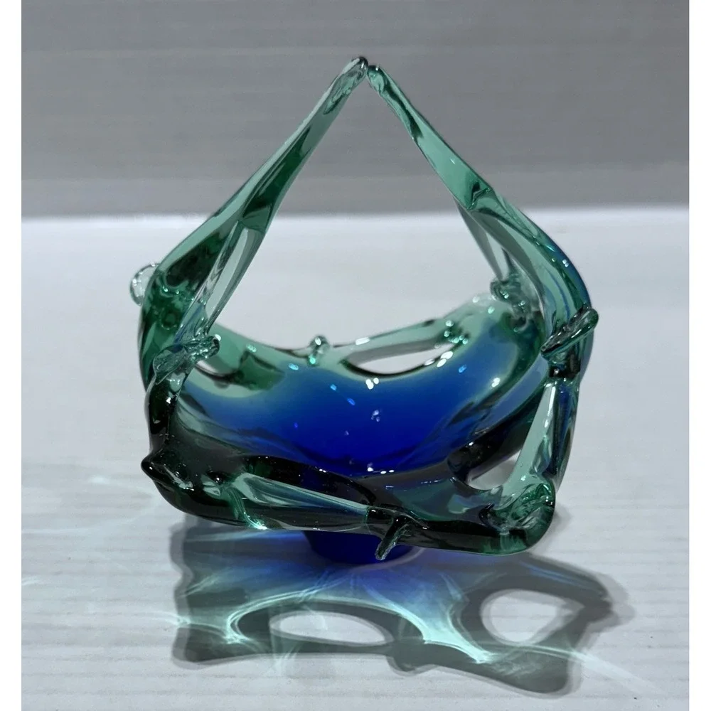 Vintage Murano Style MCM Blue‎ Green Art Glass Basket - Size 4.5 x 4.5 x 4